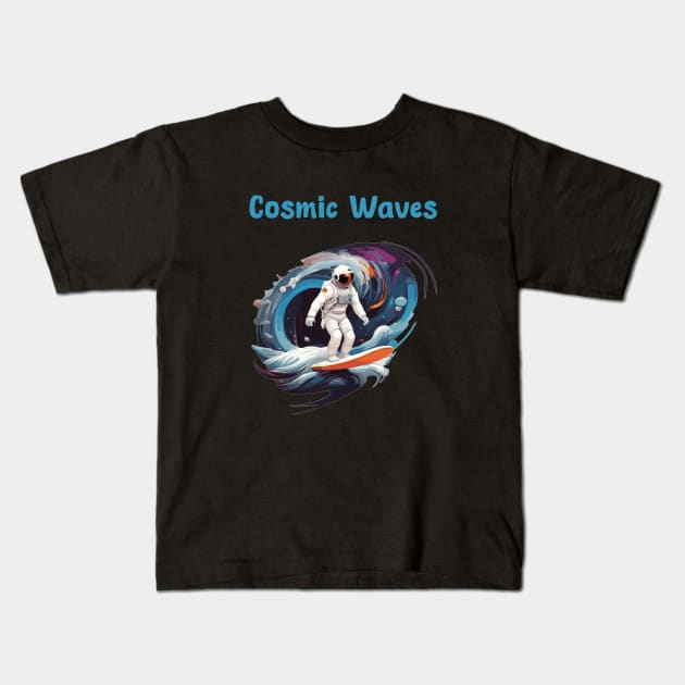 Astronaut surfing in space waves Kids T-Shirt by Patterns-Hub